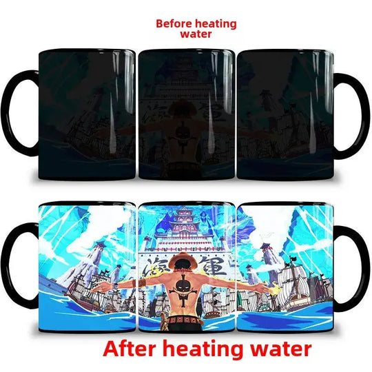 A ceramic One Piece Color Changing Mug revealing Gear 5 Nika Luffy and Fire Fist Ace artwork when filled with hot liquid.