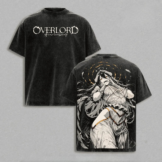 Albedo Overlord Printed Y2K Vintage Washed T-Shirt with graphic design on back and lettering on front.