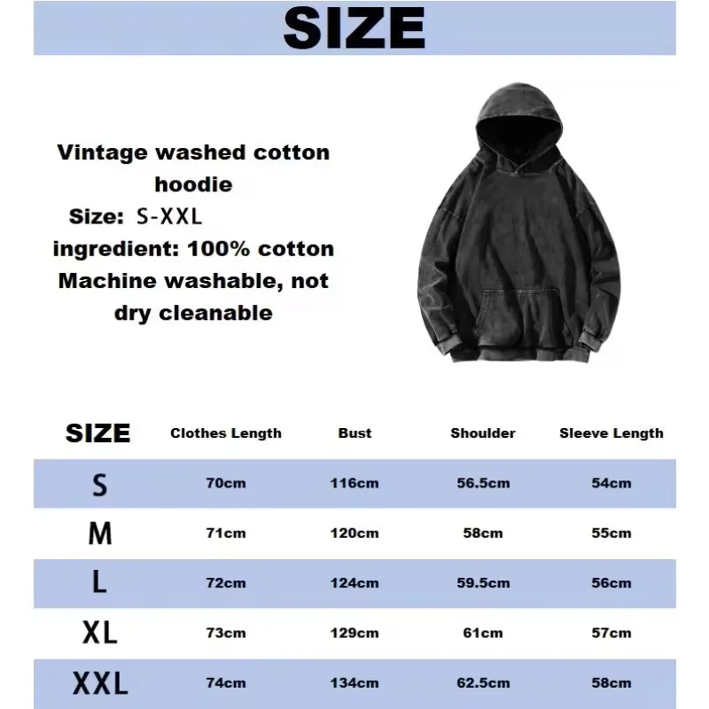 Size chart for Kenpachi Zaraki Bleach Vintage Washed Hoodie in S-XXL, detailing measurements for each size.