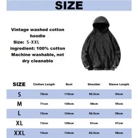 Size chart for Kenpachi Zaraki Bleach Vintage Washed Hoodie in S-XXL, detailing measurements for each size.
