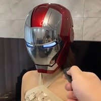 A wearable AutoKing Iron Man Helmet (Mk5) featuring voice-controlled opening face plates and glowing LED eyes for adult cosplay and display.