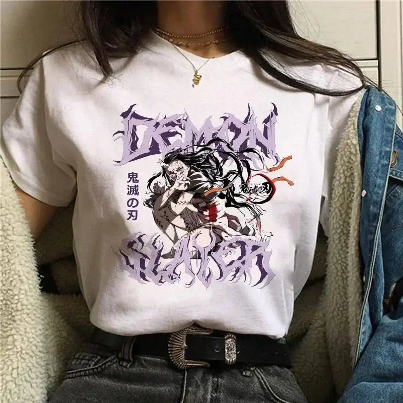 A Demon Slayer T Shirt for Women, a female Kimetsu No Yaiba graphic tee with a Nezuko and Tanjirou Kamado print.