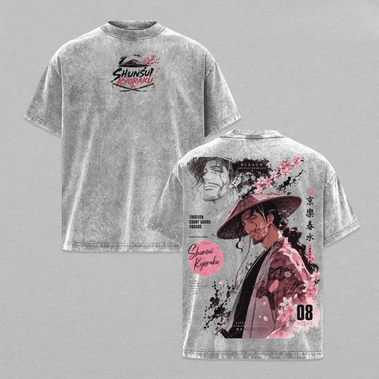 Kyoraku Shunsui Bleach Harajuku Vintage Washed T-Shirt featuring unique character design and artistic prints.