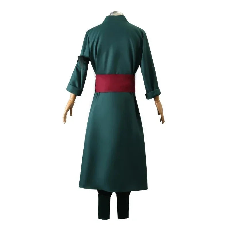 Roronoa Zoro Cosplay Costume including outfit, head scarf, and earrings available in adult sizes.