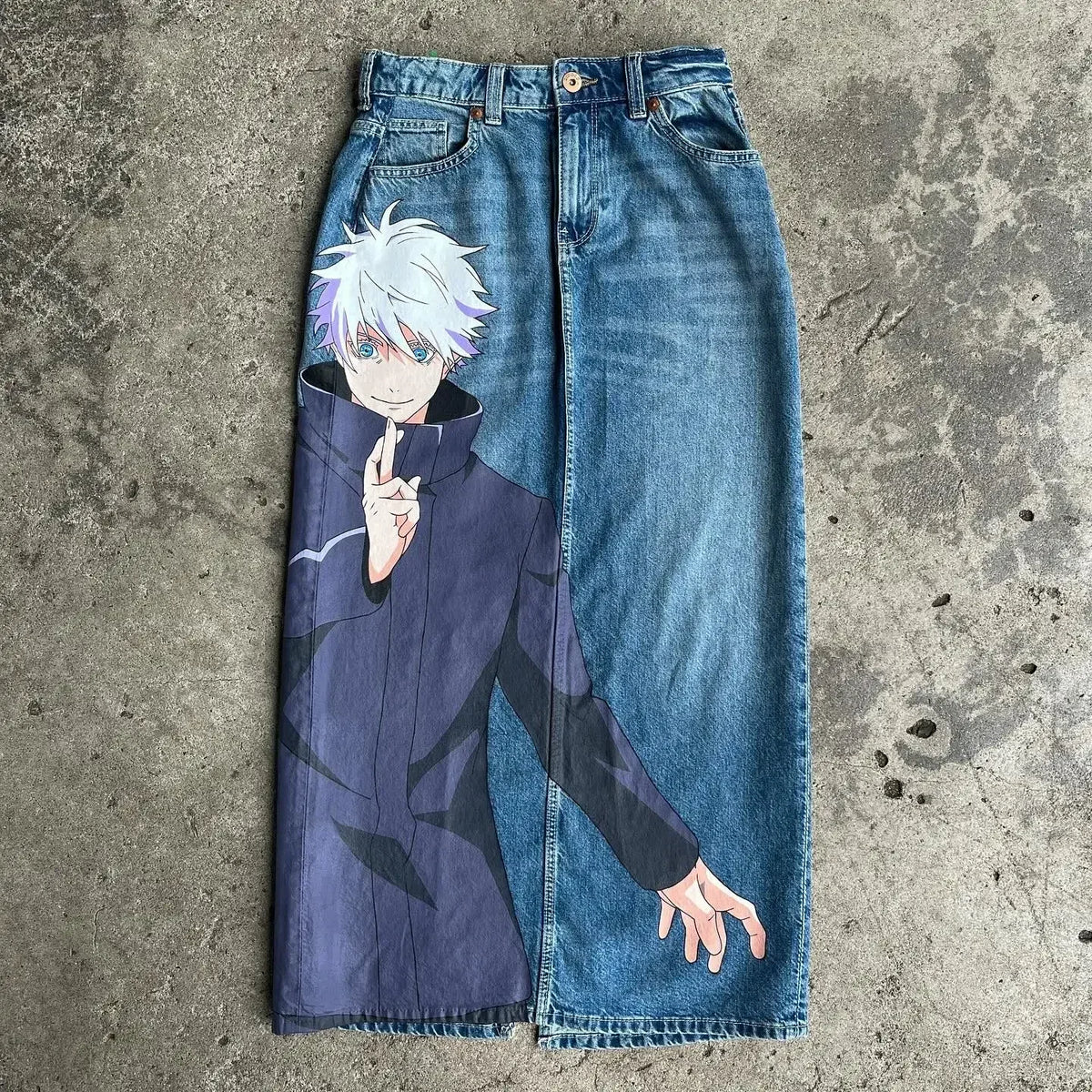 Trendy Y2K Anime Baggy Jeans featuring a Harajuku graphic print pattern, designed as high-waisted vintage streetwear for men and women.