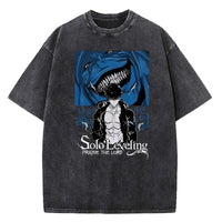 A vintage-style Solo Leveling Vintage T-shirt made of washed black cotton featuring a Sung Jinwoo graphic print, designed as Harajuku streetwear.