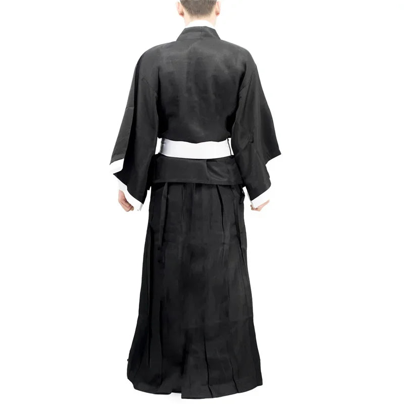 A complete Bleach Kuchiki Rukia Cosplay costume featuring the black Shinigami Shihakusho kimono and white sash, perfect for Thousand-Year Blood War reenactments.
