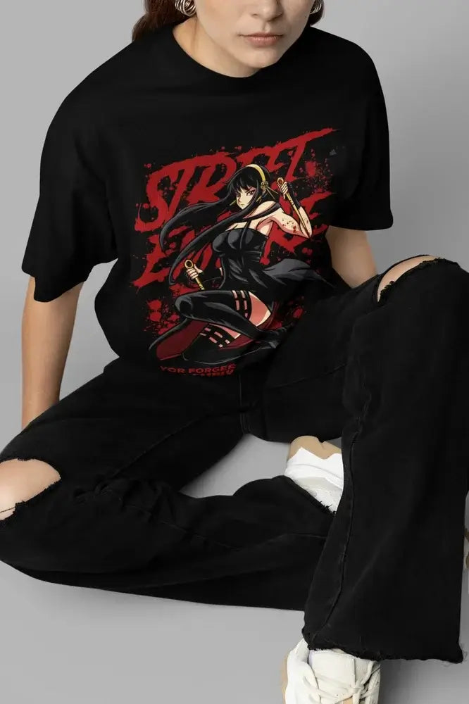 An oversized Spy x Family T-Shirt featuring kawaii graphic art of Yor, Loid, and Anya Forger, designed as trendy women's anime streetwear.
