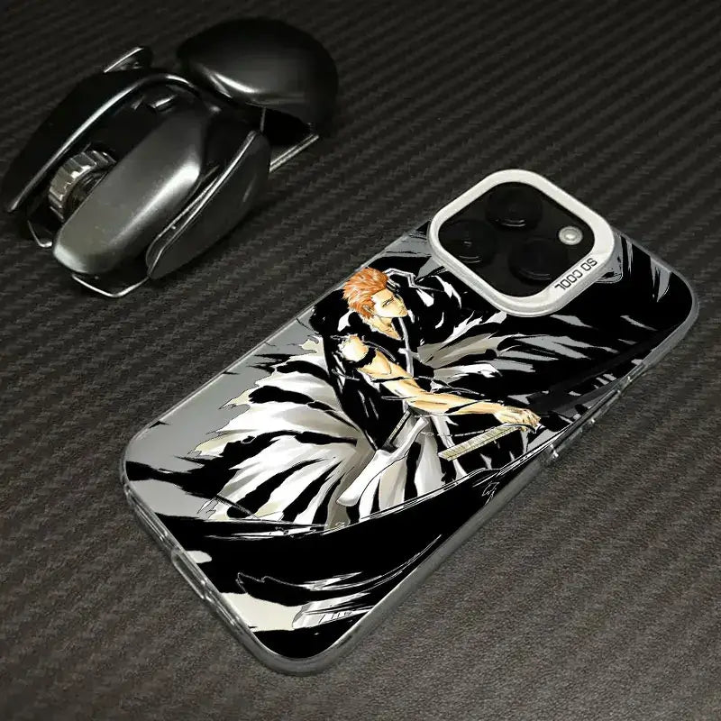 A shockproof Bleach Anime Phone Case featuring Ichigo Kurosaki and Rukia Kuchiki anime art, compatible with Apple iPhone 16e, 16, 15, and 14 Pro Max.