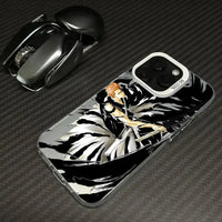 A shockproof Bleach Anime Phone Case featuring Ichigo Kurosaki and Rukia Kuchiki anime art, compatible with Apple iPhone 16e, 16, 15, and 14 Pro Max.