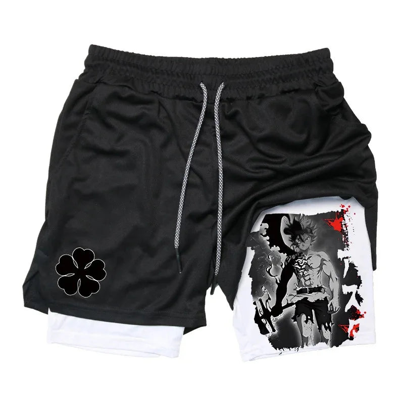 Black Five-Leaf Clover Double-Layer Sports Shorts with Pockets