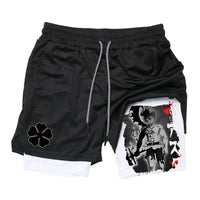 Black Five-Leaf Clover Double-Layer Sports Shorts with Pockets