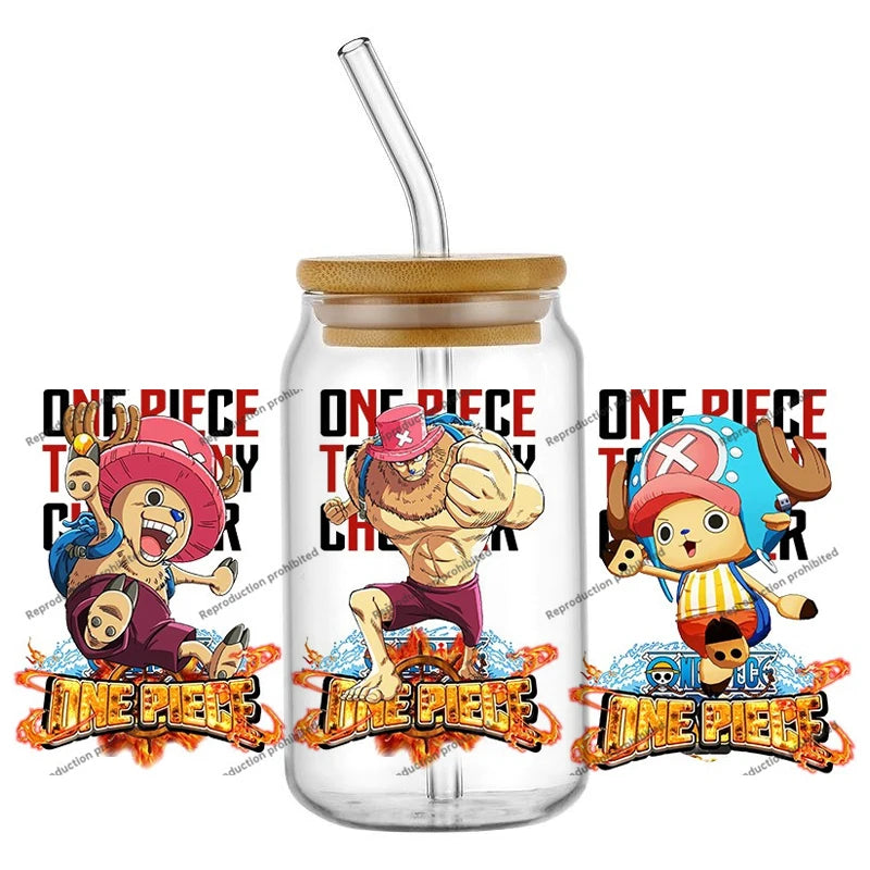 A collection of the newest 31 designs of popular One Piece UV DTF Stickers for a 16oz glass cup.