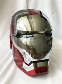 A wearable AutoKing Iron Man Helmet (Mk5) featuring voice-controlled opening face plates and glowing LED eyes for adult cosplay and display.