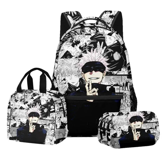 A 3-piece Jujutsu Kaisen Backpack Set featuring a digital print schoolbag, thermal lunch bag, and 2-layer pencil case for boys.
