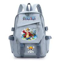 A lightweight canvas One Piece Backpack featuring kawaii anime characters, suitable for school, travel, and carrying a laptop computer.