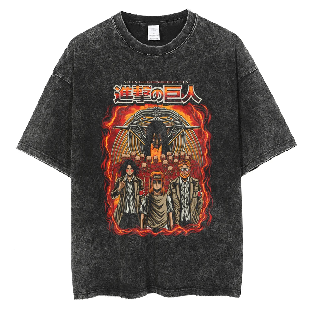 A vintage-washed Eren Jaeger T-Shirt featuring a gritty Attack on Titan manga graphic, styled as oversized Harajuku streetwear for men and women.