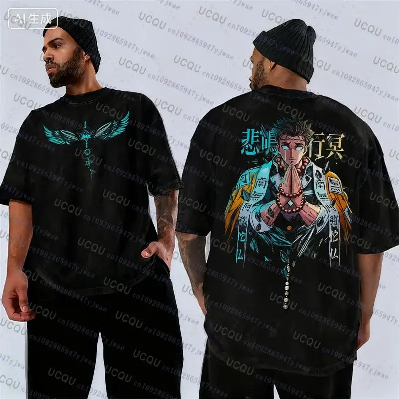 A vintage-washed Gyomei Himejima T-shirt made of soft cotton, featuring a graphic print of the Stone Hashira for men's Harajuku streetwear.