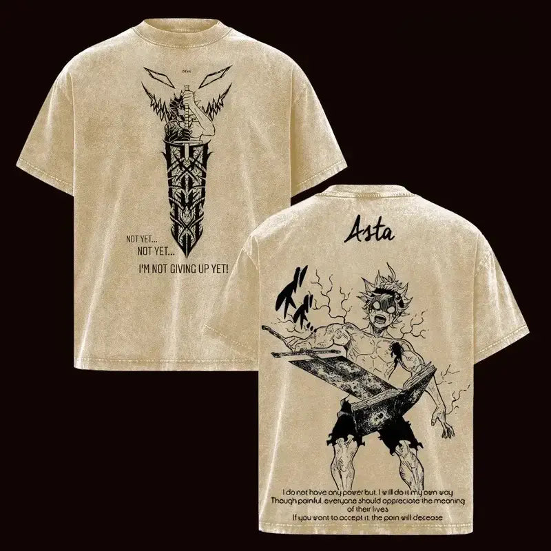 Asta Black Clover T-Shirt vintage washed cotton anime tee with oversized Harajuku fit O-neck collar and character graphic front view