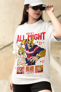 A premium All Might T-shirt featuring a manga armor strip graphic of All Might and Hawks, designed as a gift for My Hero Academia fans.