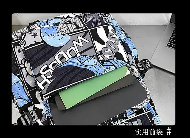 A high-capacity One Piece Luffy Backpack featuring a vibrant graffiti print of Monkey D. Luffy, designed as a durable school bag for middle and high students.