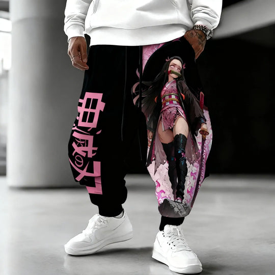 Trendy Demon Slayer Cotton Pants featuring a vibrant Nezuko Kamado color print, designed as loose casual autumn and winter joggers for men.