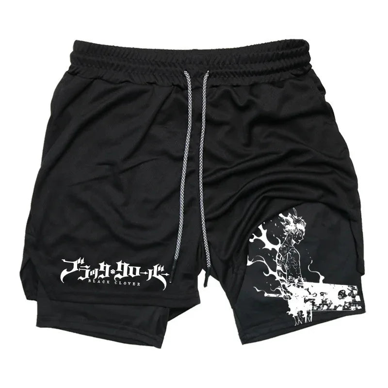 Black Five-Leaf Clover Double-Layer Sports Shorts with Pockets