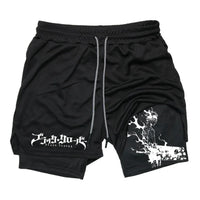 Black Five-Leaf Clover Double-Layer Sports Shorts with Pockets