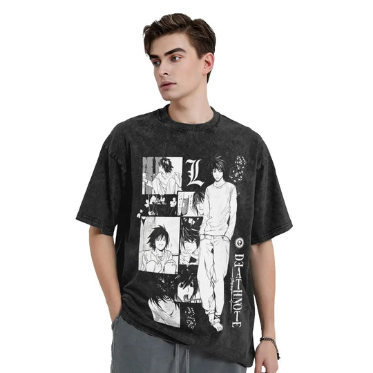L Lawliet T-Shirt Death Note vintage washed cotton graphic tee with oversized fit O-neck collar and drop-shoulder short sleeves front view