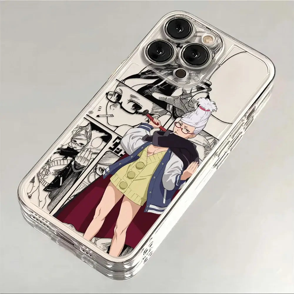 A transparent soft TPU Dandadan Phone Case featuring cute anime art of Okarun and Momo Ayase, compatible with Apple iPhone 16e, 15, and 14 Pro Max.