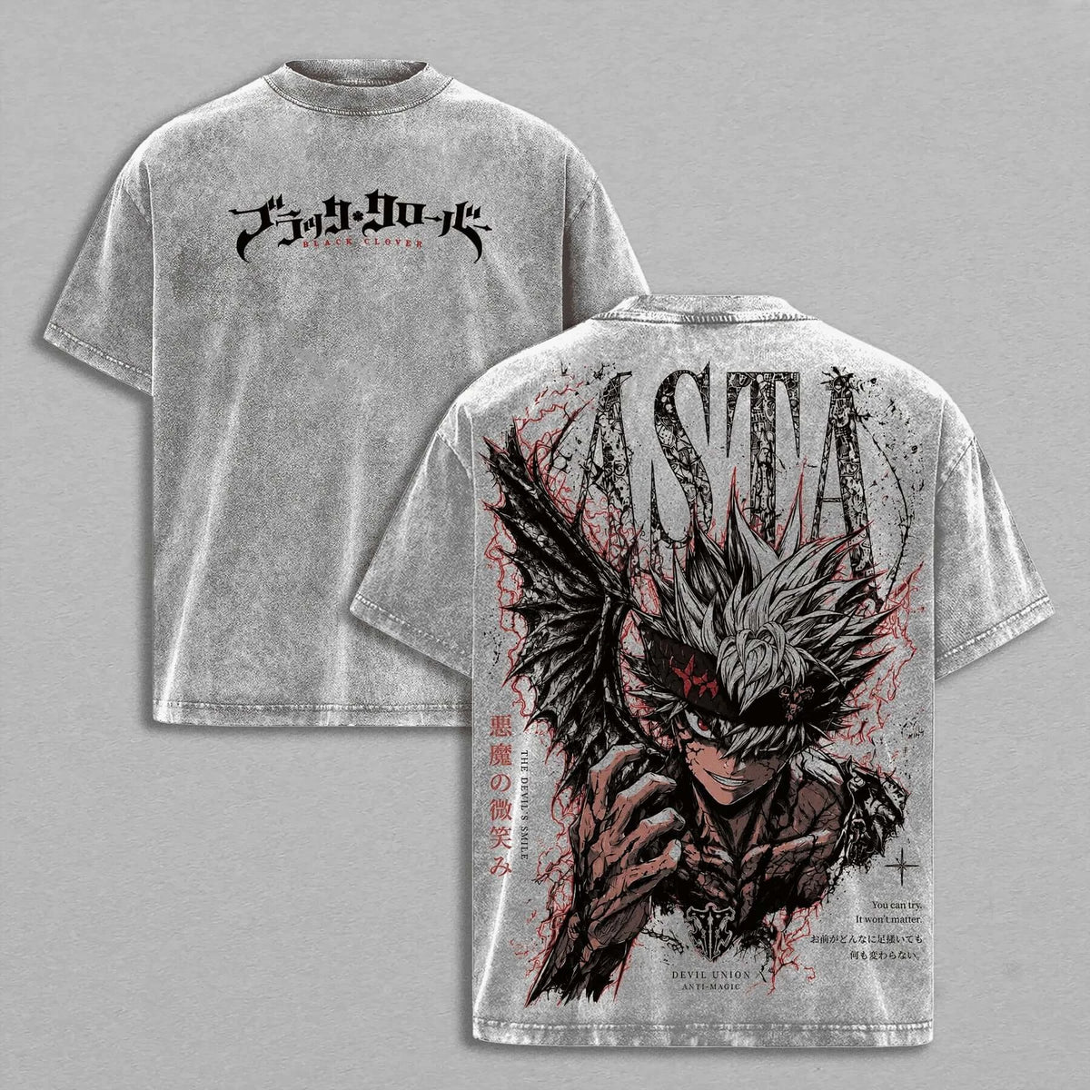 Asta Black Clover Vintage Y2K Washed Oversized T-Shirt featuring anime art design on a soft cotton fabric.