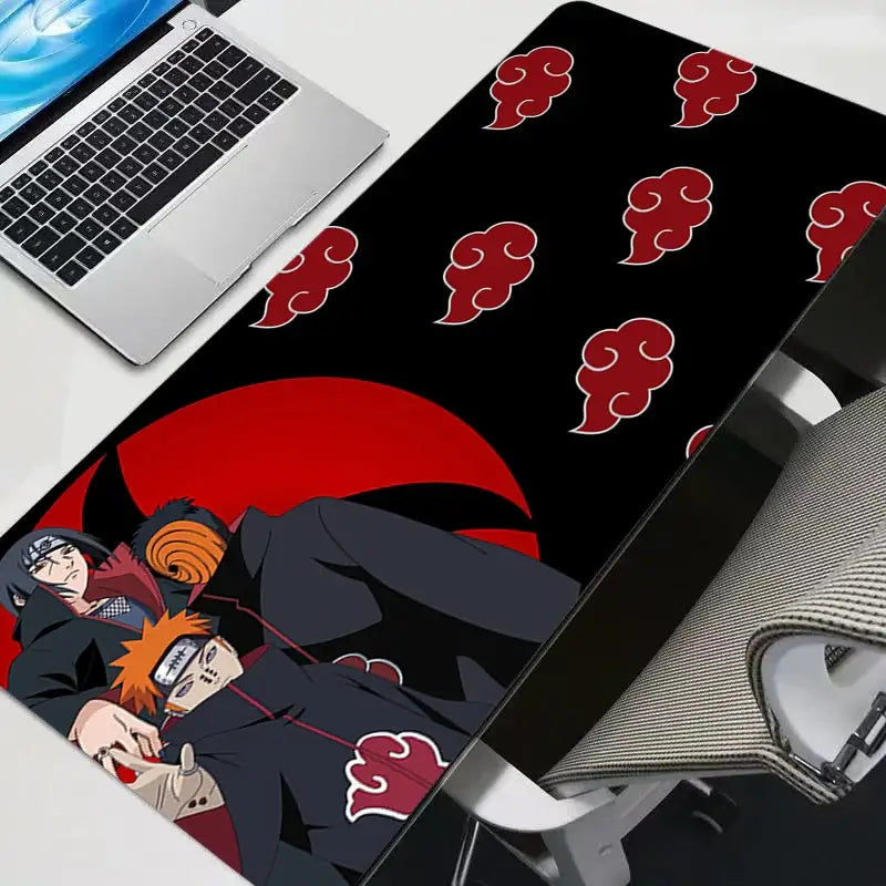 A high-quality Akatsuki Naruto Mouse Pad featuring the iconic red clouds, designed as a large gaming desk mat for keyboard and mouse setups.