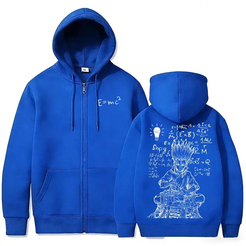 Senku Ishigami Dr. Stone Zip-Up Hoodie featuring fleece and scientific designs in navy blue