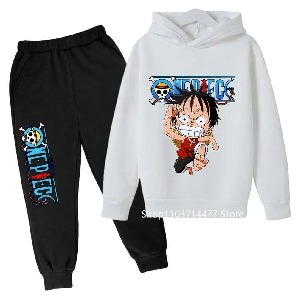 A comfortable One Piece Hoodie Set for kids featuring Monkey D. Luffy anime graphics, including a hoodie and pants 2-piece sports suit.
