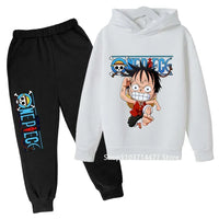 A comfortable One Piece Hoodie Set for kids featuring Monkey D. Luffy anime graphics, including a hoodie and pants 2-piece sports suit.