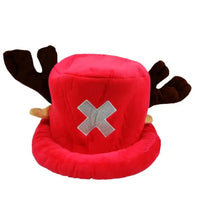 A soft Tony Tony Chopper Hat made of plush cotton featuring 3D antlers, alongside a spotted Trafalgar Law cap for anime cosplay.