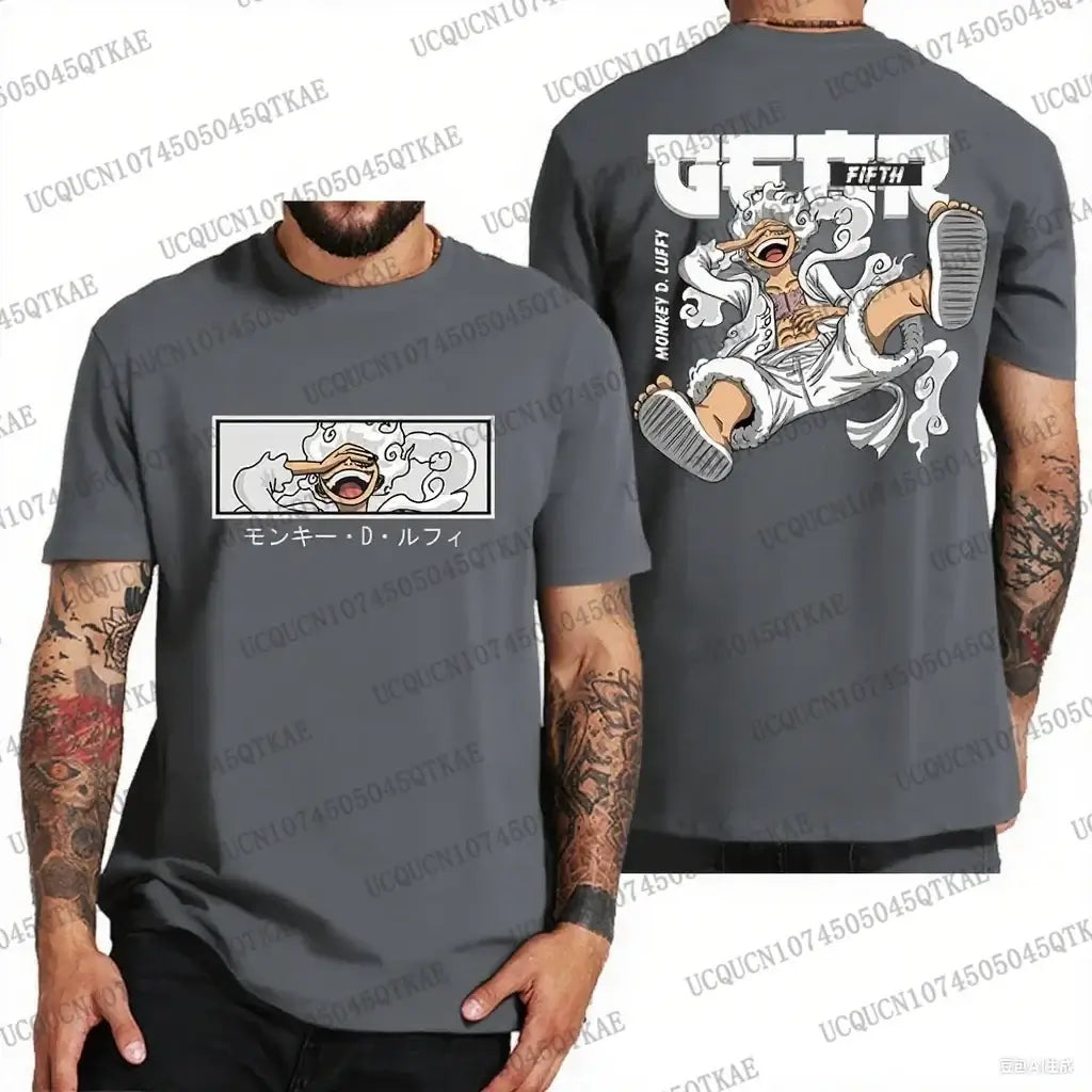 A trendy One Piece Luffy T-Shirt made of breathable cotton, featuring a graphic print of Monkey D. Luffy for summer cosplay fashion.