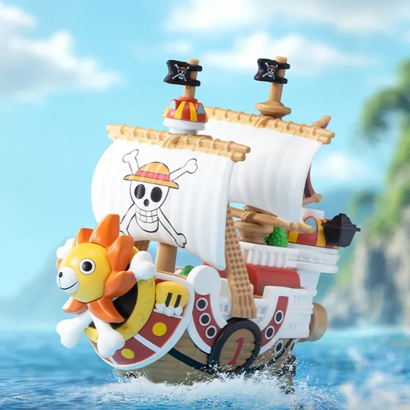 A Pop Mart One Piece Vehicles blind box packaging containing a surprise Grand Line Series ship figure for home decoration.