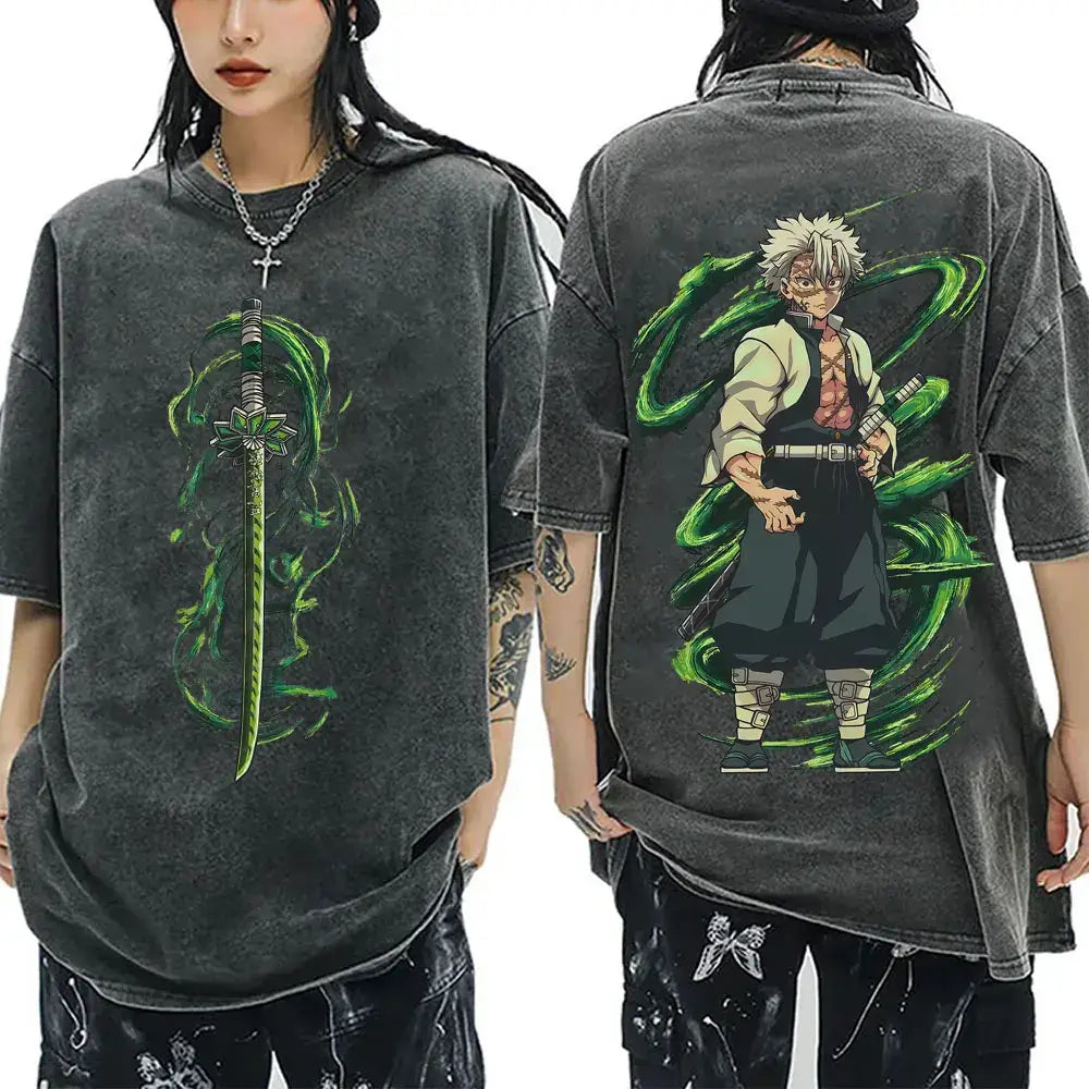A washed black Demon Slayer Vintage T-Shirt made of 100% cotton, featuring an oversized cartoon anime graphic for men and women.