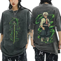 A washed black Demon Slayer Vintage T-Shirt made of 100% cotton, featuring an oversized cartoon anime graphic for men and women.