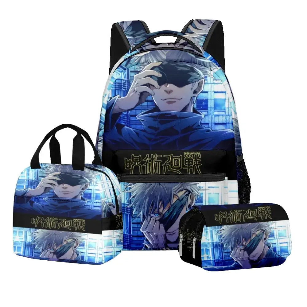 Jujutsu Kaisen Backpack Set: 3-piece anime school bag with lunch box and pencil case featuring stylish character design.