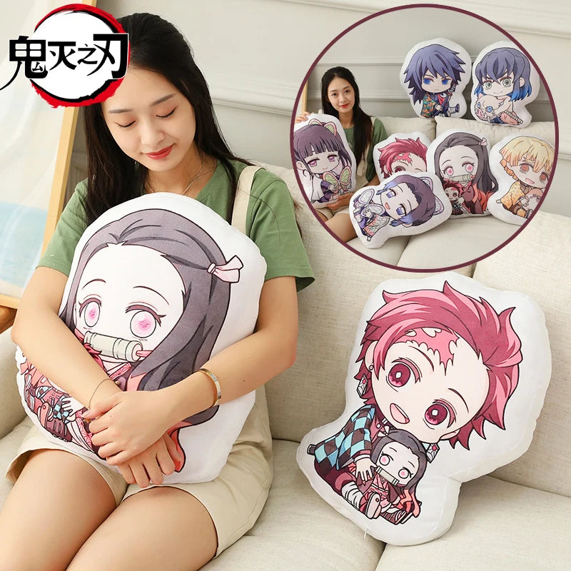 Demon Slayer Nezuko Kawaii Stuffed Plush Doll showcased with a girl holding the cushion featuring Nezuko and Tanjiro designs.