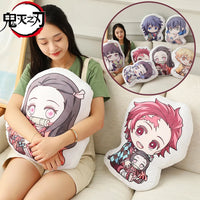 Demon Slayer Nezuko Kawaii Stuffed Plush Doll showcased with a girl holding the cushion featuring Nezuko and Tanjiro designs.