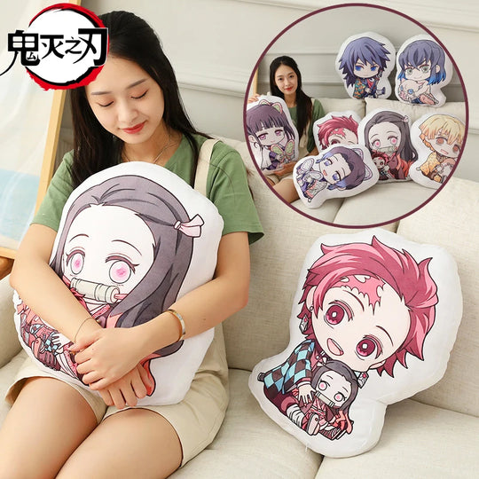 Demon Slayer Nezuko Kawaii Stuffed Plush Doll showcased with a girl holding the cushion featuring Nezuko and Tanjiro designs.