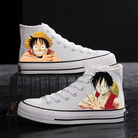 Trendy One Piece Canvas Shoes featuring colorful graffiti art of Luffy, Zoro, and Portgas D. Ace for casual men's and women's fashion.