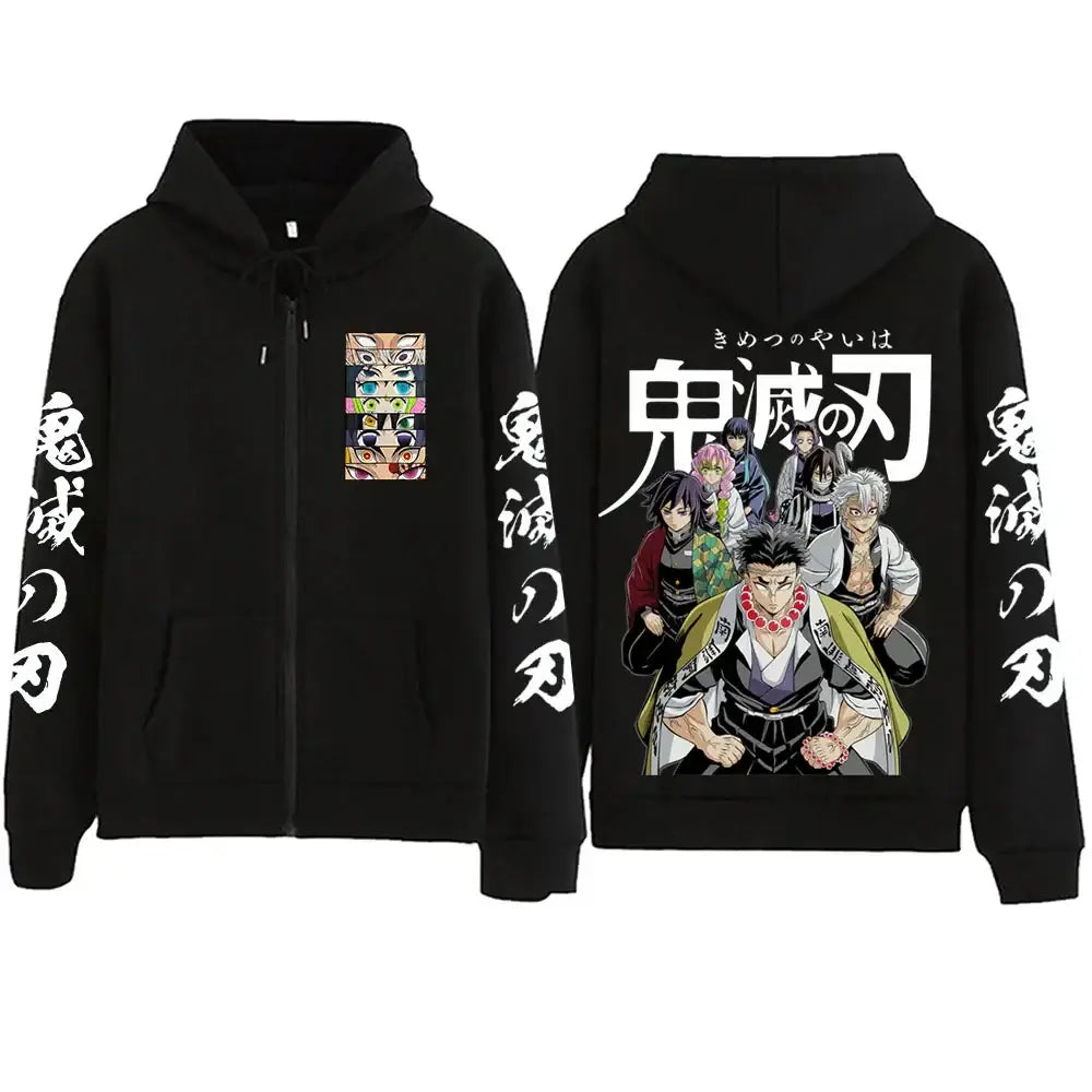 The 2025 Anime Demon Slayer Zipper Hoodie in a Harajuku streetwear pullover sweatshirt style.