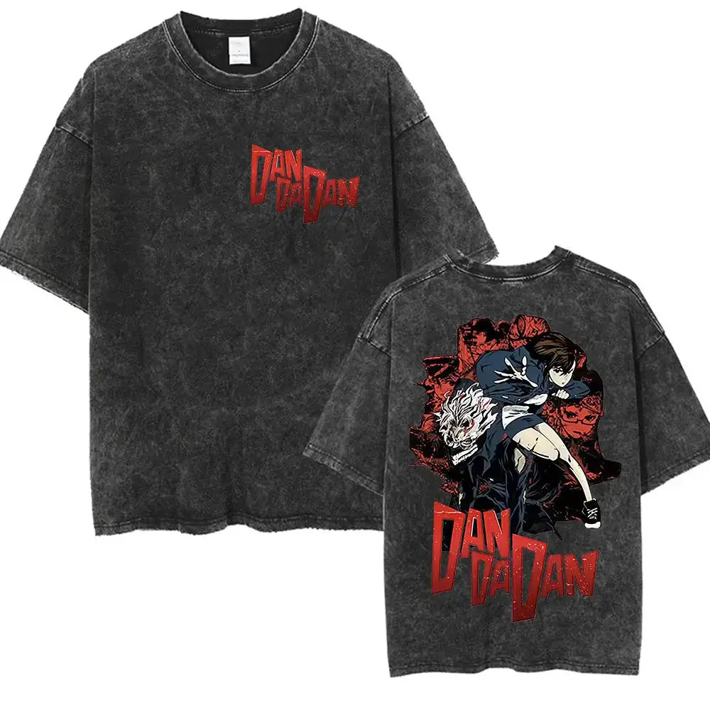 A unisex vintage washed Japan Anime Dandadan Okarun Graphic T Shirt made from high-quality cotton for streetwear fashion.