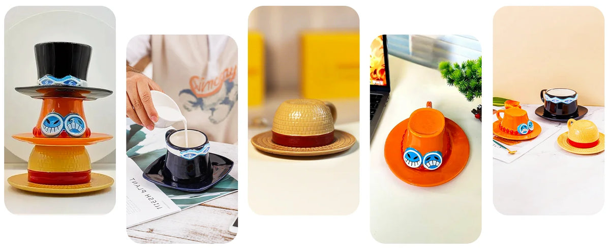 Luffy Ace Sabo Chopper Mug One Piece Ceramic featuring hand-painted hat designs with saucer in various settings.