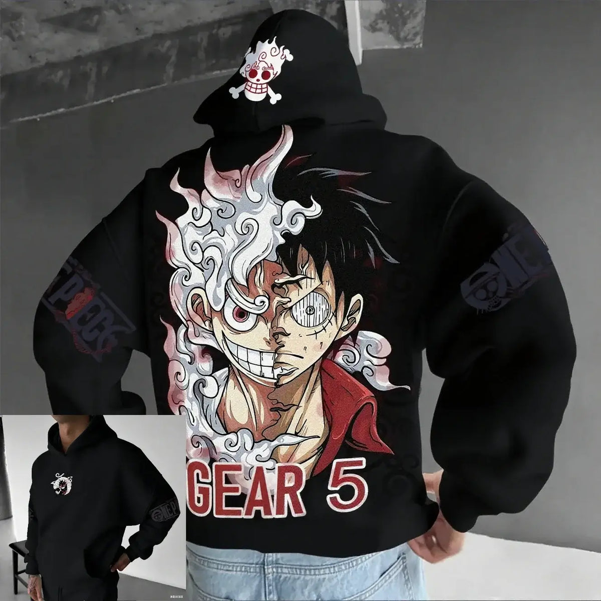 A streetwear One Piece Luffy Gear 5 Nika Anime Hoodie, a casual pullover for men and women's autumn and winter cosplay.