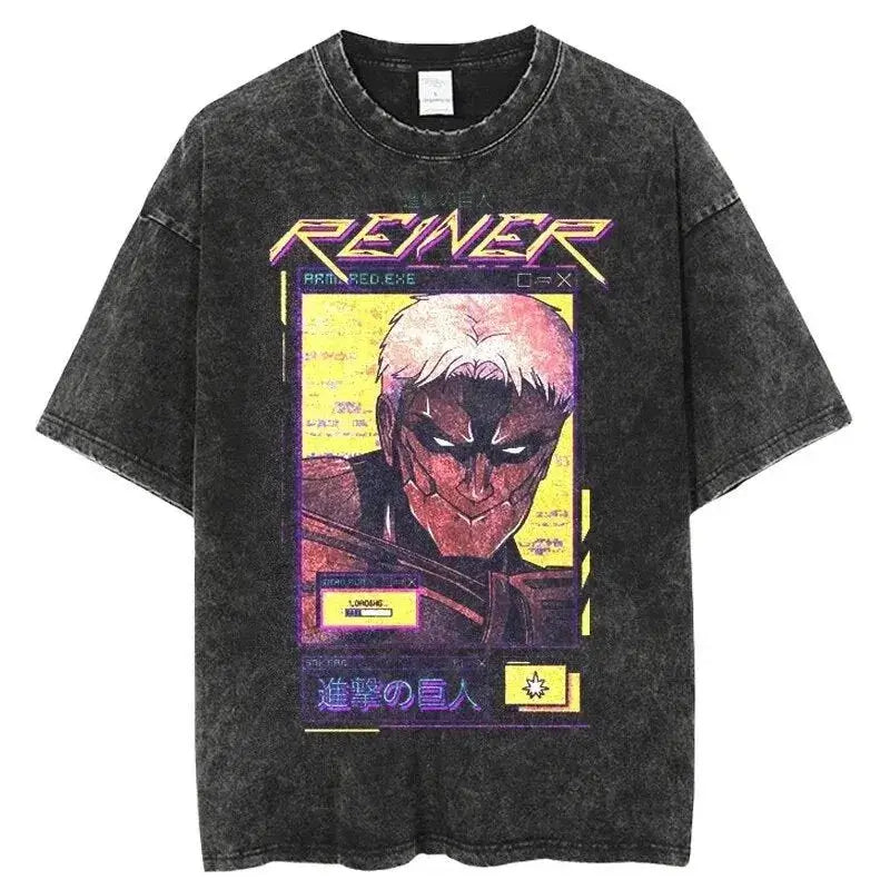 A vintage-washed Eren Jaeger T-Shirt featuring a gritty Attack on Titan manga graphic, styled as oversized Harajuku streetwear for men and women.